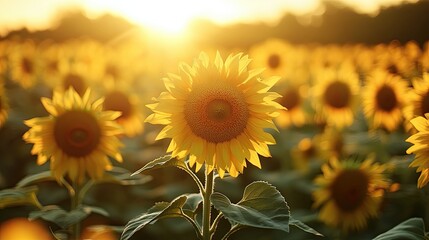 A field of sunflowers swaying gently in the summer breeze, creating a sense of warmth and abundance.