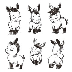 Wall Mural - A collection of cute cartoon donkey illustrations in various poses and expressions.