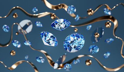 Poster - Group of Blue diamond sapphire falling with background main object focus 3d rendering	
