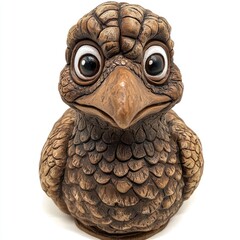 A decorative bird figurine with large eyes and textured feathers.