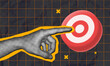 © Roby - halftone collage Modern Design, Target marketing concept featuring a hand pointing directly at a bullseye. hitting goals, or audience targeting strategies. Stand out with precision and impact