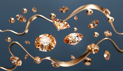 Poster - Round amber topaz diamonds Gem falling background selective focus 3d rendering	
