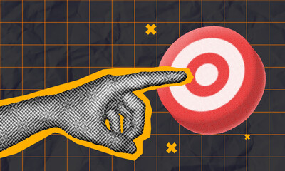 halftone collage Modern Design, Target marketing concept featuring a hand pointing directly at a bullseye. hitting goals, or audience targeting strategies. Stand out with precision and impact