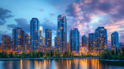 Poster - A dramatic skyline view of towering skyscrapers lit up at twilight, with the city lights reflecting off the glass facades and a vibrant urban atmosphere.