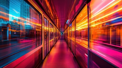 Poster - A Long Corridor Inside a Train With Bright Neon Lights