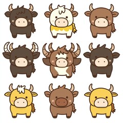 Wall Mural - A collection of cute cartoon cows in various colors and styles.