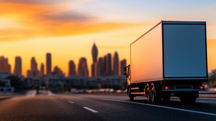 A delivery truck on the road against a vibrant sunset and city skyline, symbolizing transportation and logistics.