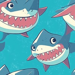 Canvas Print - A playful pattern of cartoon sharks with exaggerated features and smiles.