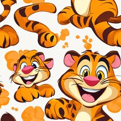 Poster - A playful pattern featuring cheerful, cartoonish tigers with vibrant colors and expressions.