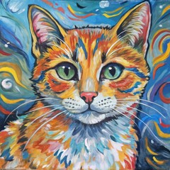 Vibrant portrait of a ginger cat with luminous green eyes, set against a blue abstract backdrop. Van Gogh style.