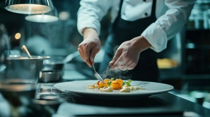 A dynamic scene of a chef plating a gourmet dish in a restaurant kitchen, with precision and care in the presentation, showcasing the artistry of cooking.