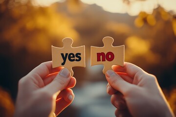 Woman holding two puzzle pieces with yes and no written on them