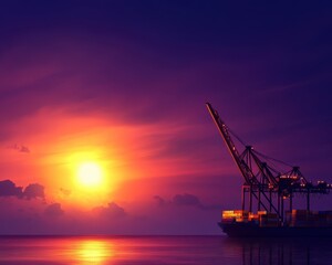 A striking crane silhouette against a vibrant sunset, reflecting on calm waters, symbolizing industry and tranquility.