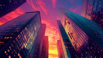 Poster - A dramatic sunset view of towering skyscrapers against a colorful sky, highlighting the architectural details and city lights coming to life.