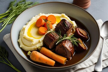 Wall Mural - Savory Osso Buco Bowl with Creamy Mashed Potatoes and Fresh Seasonal Root Vegetables