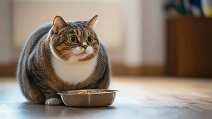 Poster - A fat cat sitting by a food bowl, looking up with anticipation, its round belly and expressive eyes creating an endearing image.