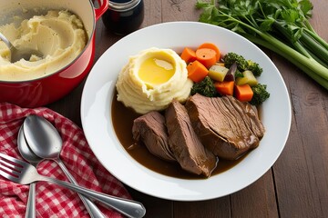 Wall Mural - Delicious Beef Pot Roast with Creamy Mashed Potatoes and Seasonal Vegetables