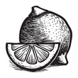 © movinglines.studio - Black and White Lemon Illustration in Detailed Vintage Woodcut Style Vector Drawing