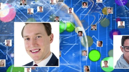 Poster - Connected profile pictures, social network animation on blue digital background