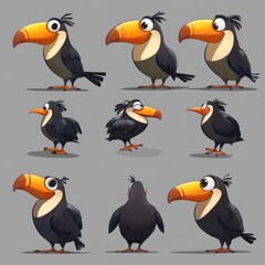 Sticker - A collection of cartoon toucan characters in various poses and expressions.