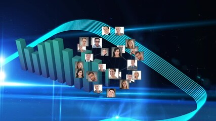Poster - Network of diverse professionals animation over blue bar graph and digital lines