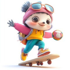 Canvas Print - A cute cartoon character riding a skateboard while holding a soccer ball.