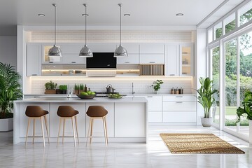 Wall Mural - Modern and comfortable kitchen in white room of 3drender