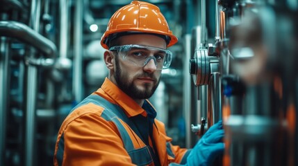 A man in an orange safety vest and a hard hat is standing in front of a pipe