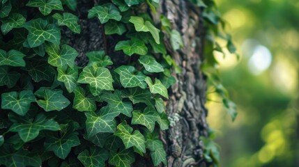 Wall Mural - Lush green vine tendrils and leaves climbing up the rough bark of a tree trunk in a serene verdant forest  The natural organic growth creates a scenic tranquil landscape