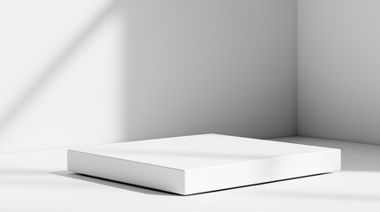 Poster - White table stage podium empty mock up background - empty table podium mock up for cosmetics products and product placement with spotlight sunlight beam. White studio room with podium