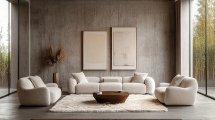 A minimalist living room with a boucle sofa and two armchairs placed on a luxurious fur rug. The concrete wall adds an industrial touch, complemented by art frames that bring subtle elegance 