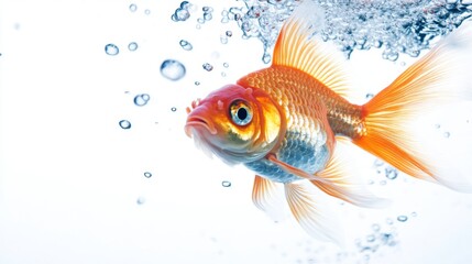 Poster - A goldfish caught mid-swim, with bubbles rising around it, against a white background, creating a dynamic and lively underwater scene with minimal distractions.