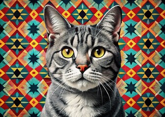 A vibrant American Wirehair serves as a canvas for a retro-esque design featuring bold, contrasting shapes and colors, evoking a sense of playful sophistication.