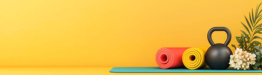 home fitness, kettlebell and yoga mat, flat design illustration