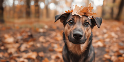 Wall Mural - Cute black and brown dog portrait in autumn. Happy dog playing with fallen leaves in the forest