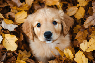 Wall Mural - Cute Golden Retriever puppy portrait in autumn. Happy dog playing with fallen leaves in the forest