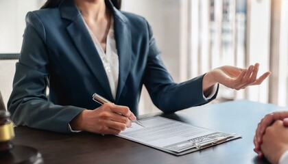 Close up of hands with pen and documents on a desk, a woman in a suit showing a document to a customer during a contract meeting.