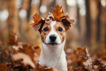 Wall Mural - Cute Jack Russel lTerrier portrait in autumn. Happy dog playing with fallen leaves in the forest