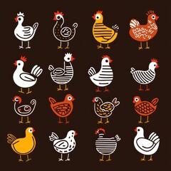 Wall Mural - A colorful illustration of various cartoon chickens in different styles and patterns.