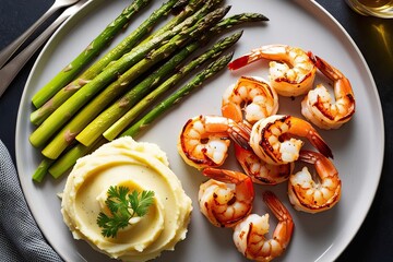 Wall Mural - Upscale Gourmet Grilled Shrimp with Creamy Mashed Potatoes and Grilled Asparagus Dinner Recipe