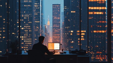 Poster - A Solitary Figure Working at a Desk Overlooking a Cityscape at Night