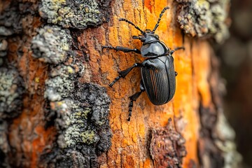 Wall Mural - Black beetle standing on a tree trunk