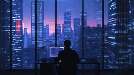 Poster - A Silhouette of a Person Working at a Desk with a City View at Night