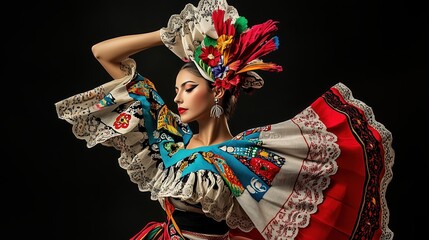 A beautiful woman dressed in traditional Mexican folk dance costume performs an intricate and complex pose while gazing at the camera. Her colorful dress and headscarf are adorned with hand-painted pa