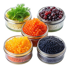 Close-up of five small glass containers with different types of caviar, including black, red, and orange varieties. The containers are arranged on a white background