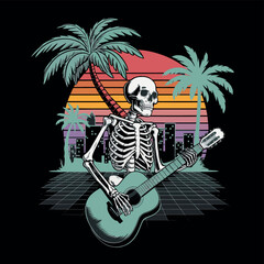 Wall Mural - A skeleton sits on a beach with palm trees and a guitar