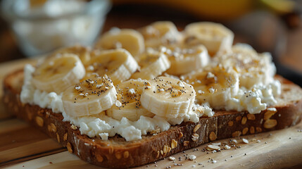 Wall Mural - Whole wheat bread topped with cottage cheese and sliced bananas