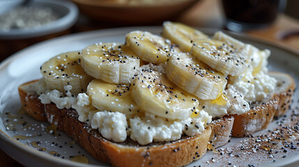 Wall Mural - Whole wheat bread topped with cottage cheese and sliced bananas