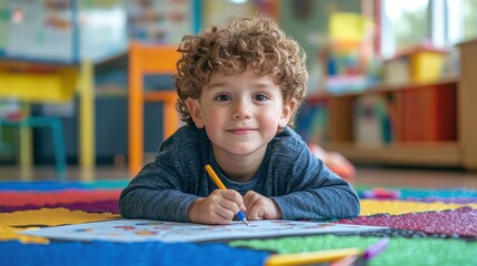 happy preschool boy drawing on colorful mat with markers in cheerful classroom