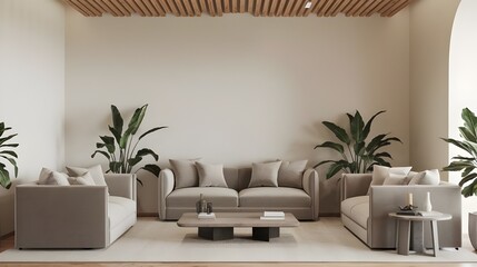 A minimalist interior design of a modern living room with two sofas. The room has a wooden planks ceiling. There is a coffee table in the middle of the room